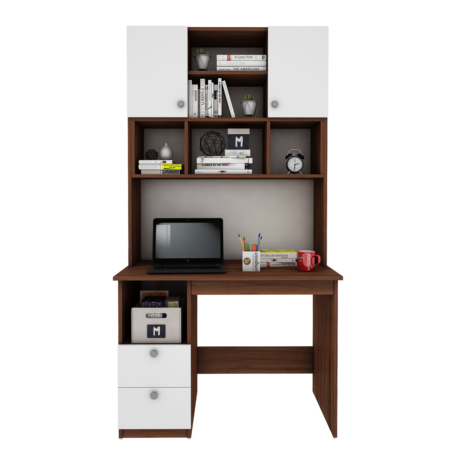Avenly Study Table with O/H Storage | Walnut and Frosty White