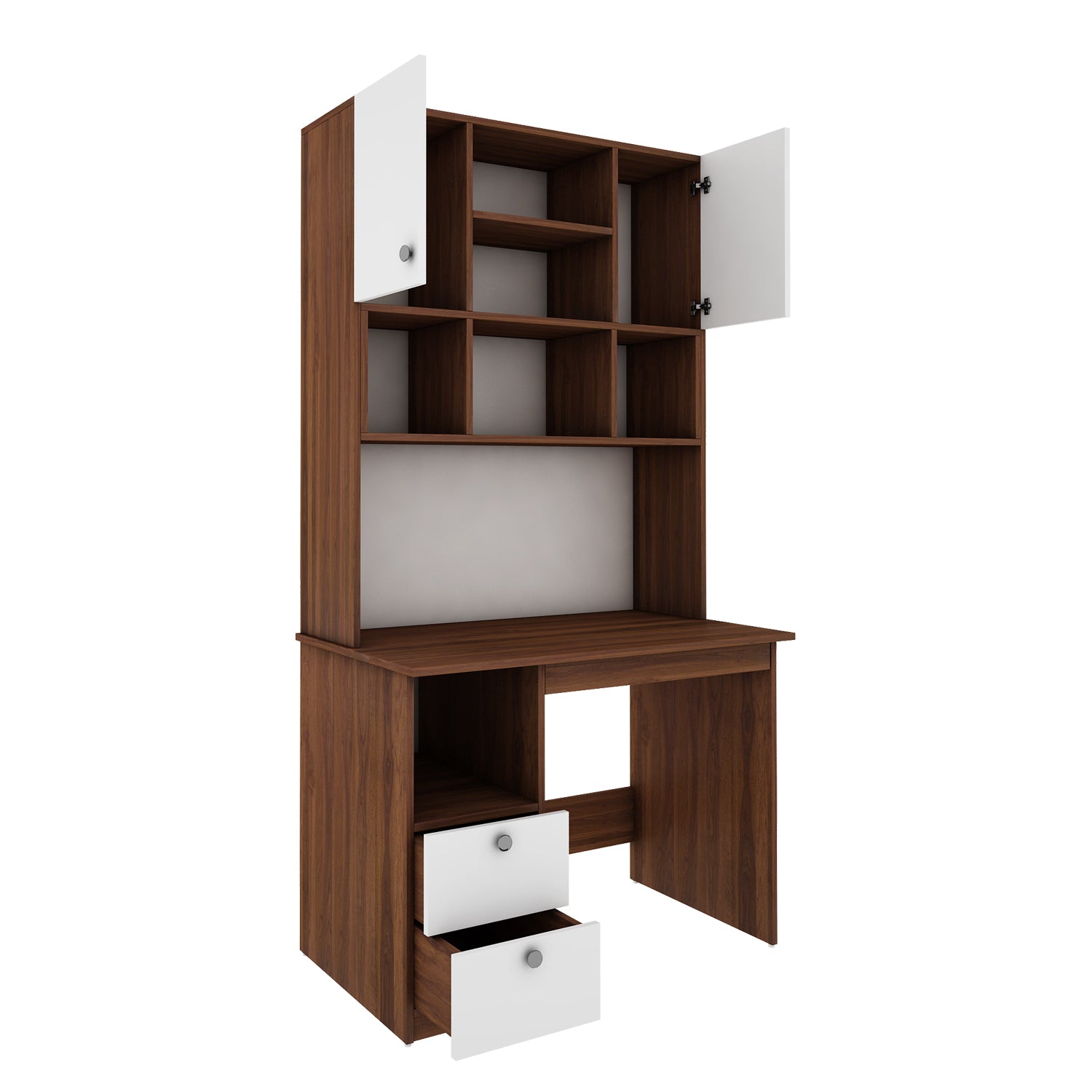 Avenly Study Table with O/H Storage | Walnut and Frosty White