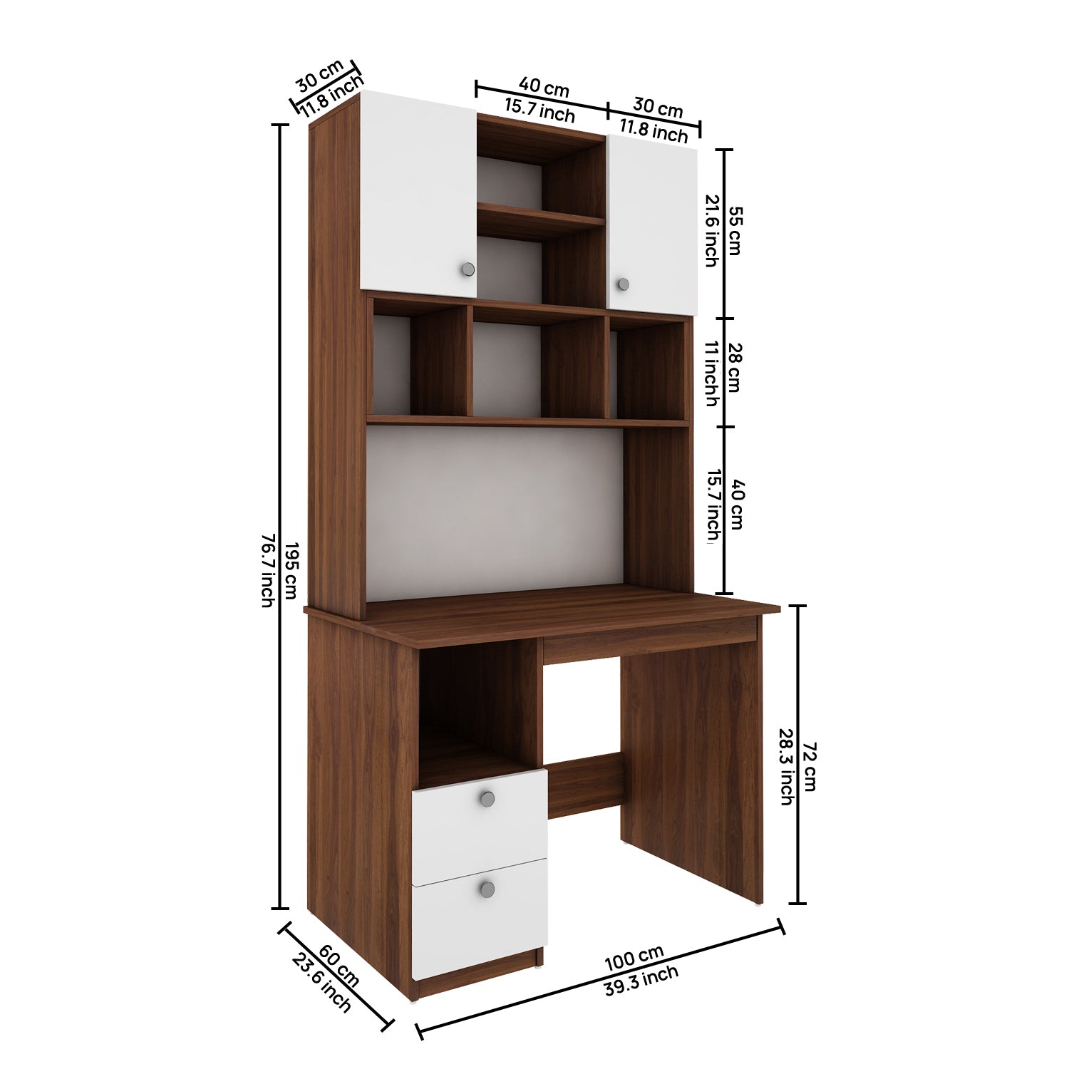 Avenly Study Table with O/H Storage | Walnut and Frosty White