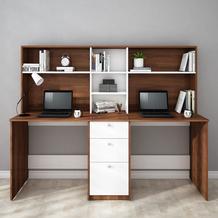 Natsu Twin Home Office Table | Walnut and Frosty White