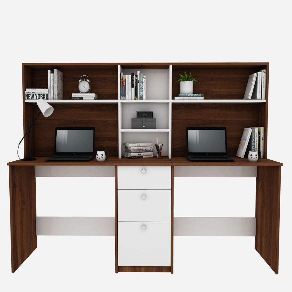 Natsu Twin Home Office Table | Walnut and Frosty White