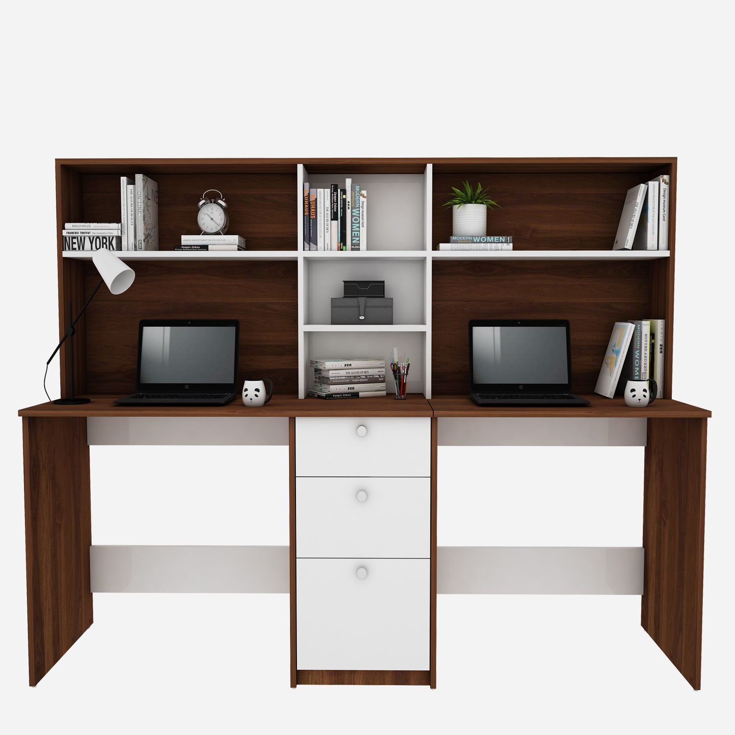Natsu Twin Home Office Table | Walnut and Frosty White