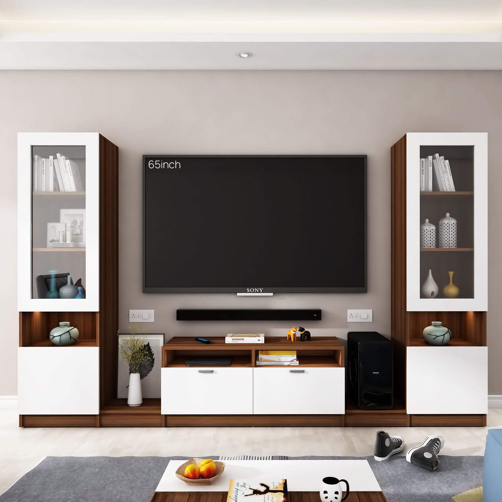 Fira TV Unit | 65 Inch TV | Walnut and Frosty White