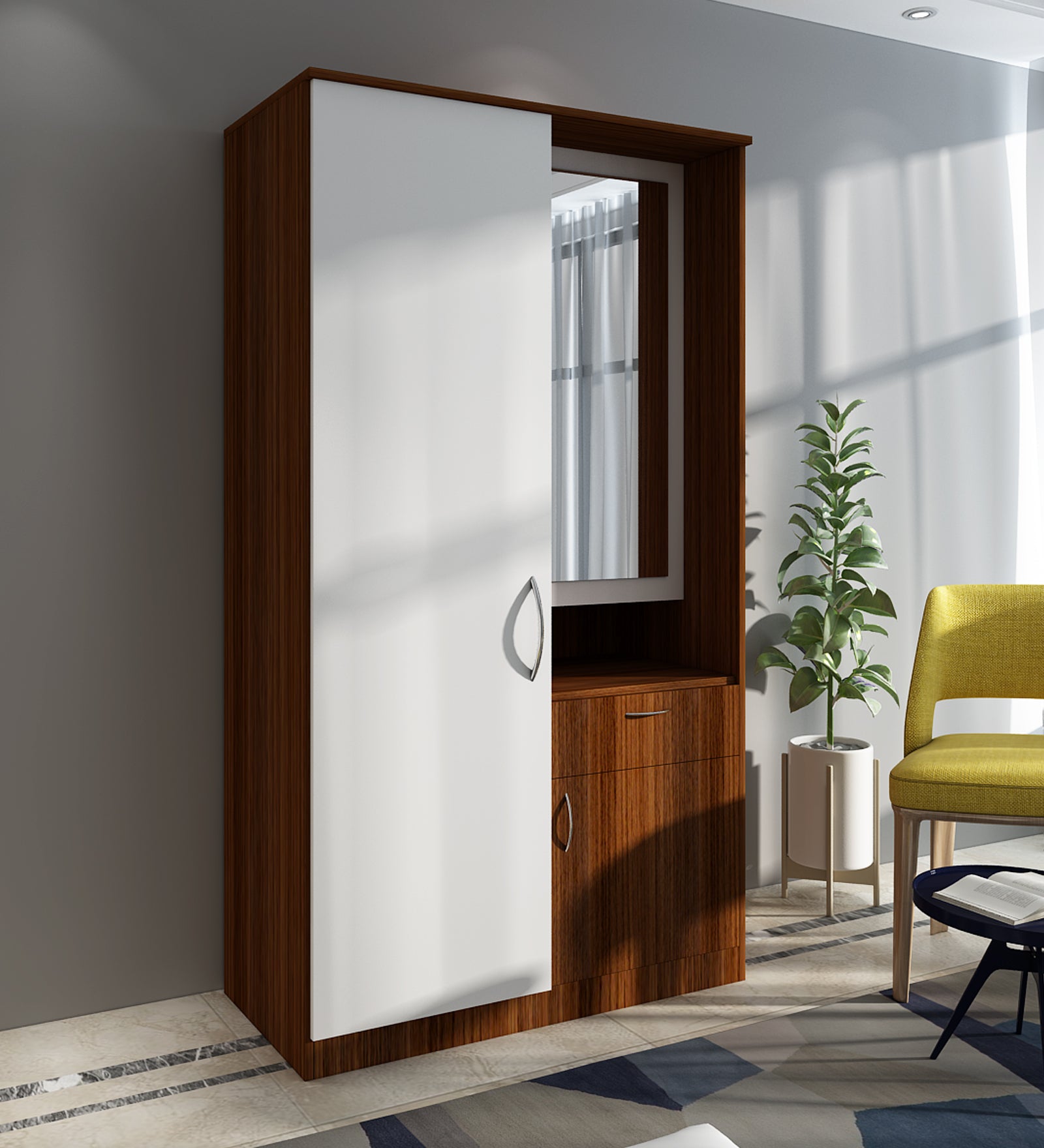 Barney Small Wardrobe cum Dresser | Walnut and Frosty White Without Mirror