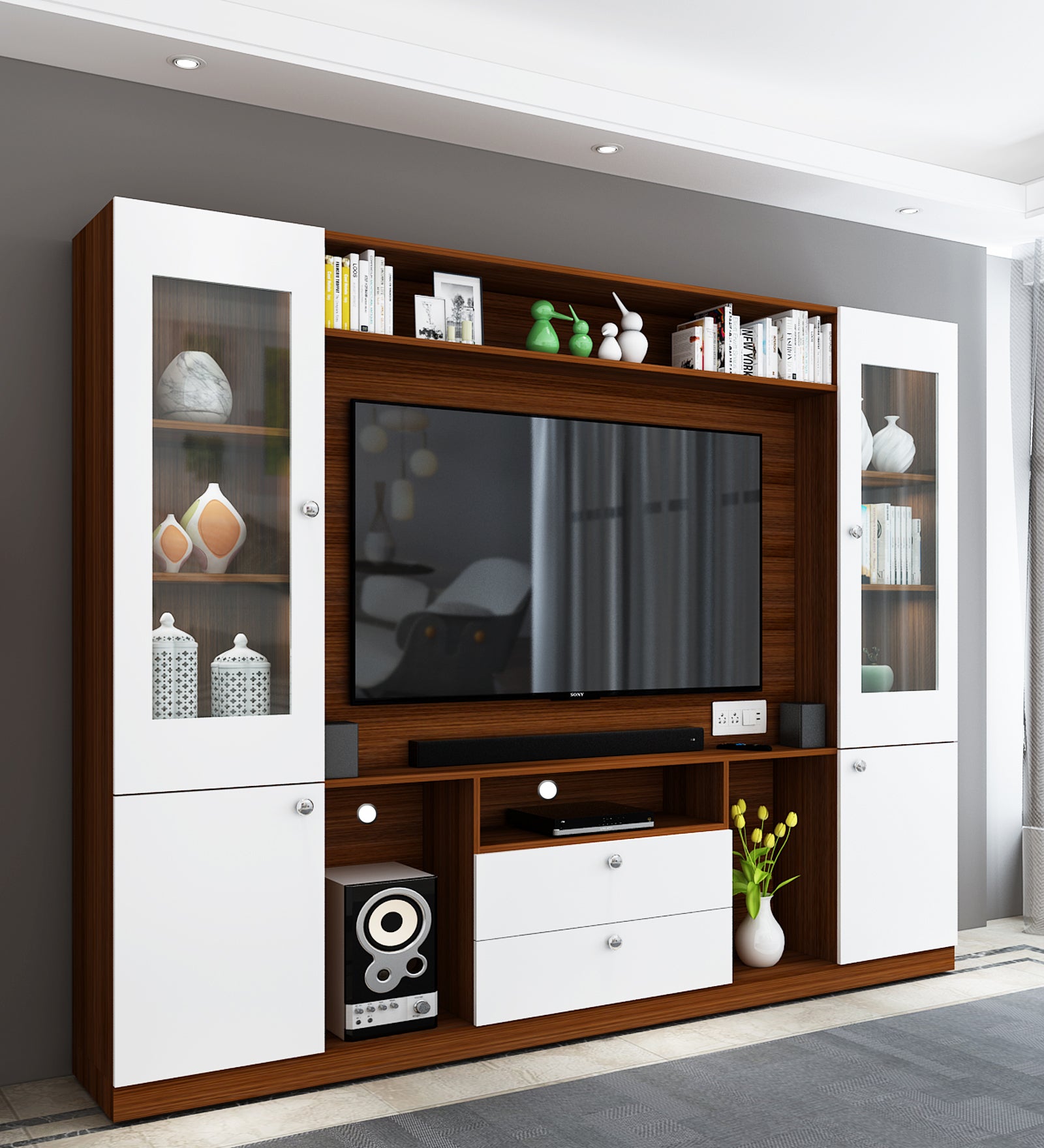 Casper Large TV Unit | Walnut and Frosty White |  60 inches TV