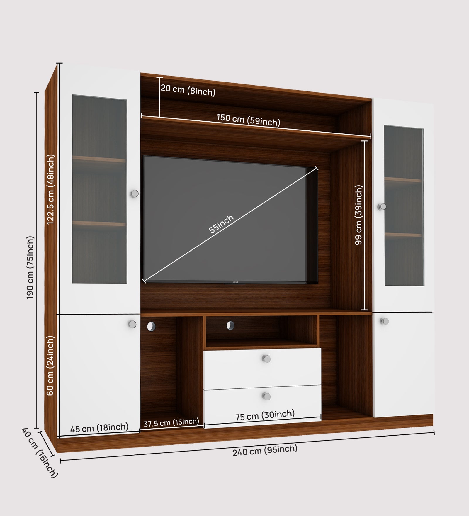 Casper Large TV Unit | Walnut and Frosty White |  60 inches TV
