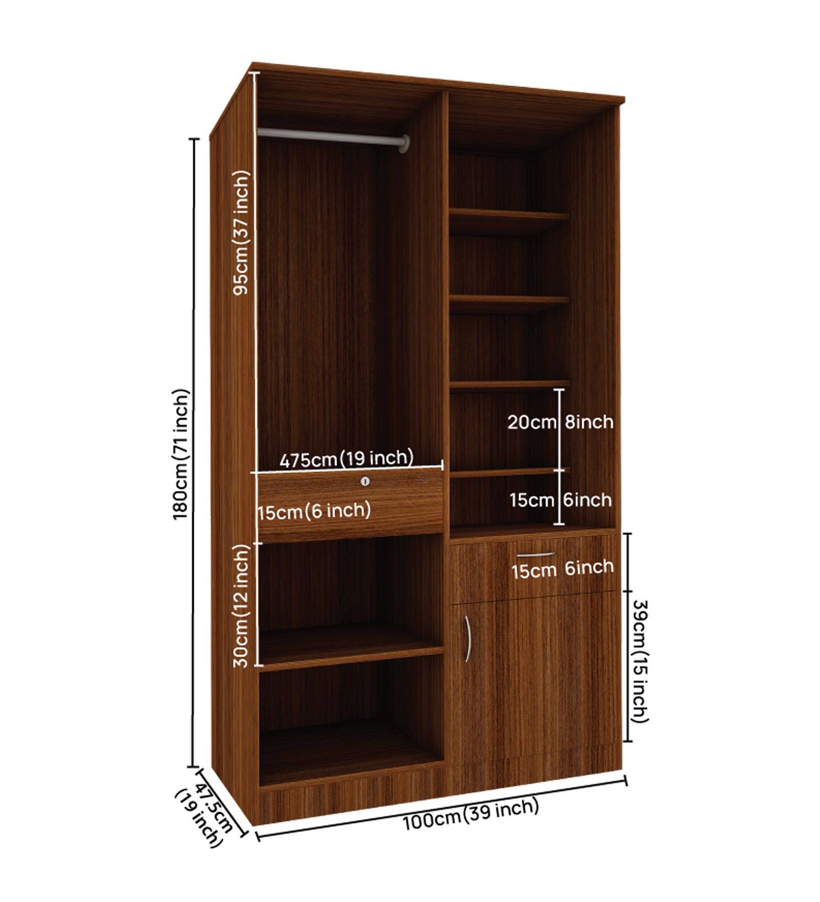 Barney Small Wardrobe cum Dresser | Walnut and Frosty White Without Mirror