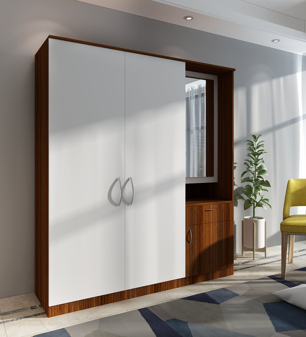 Barney Large Wardrobe cum Dresser | Walnut and Frosty White Without Mirror