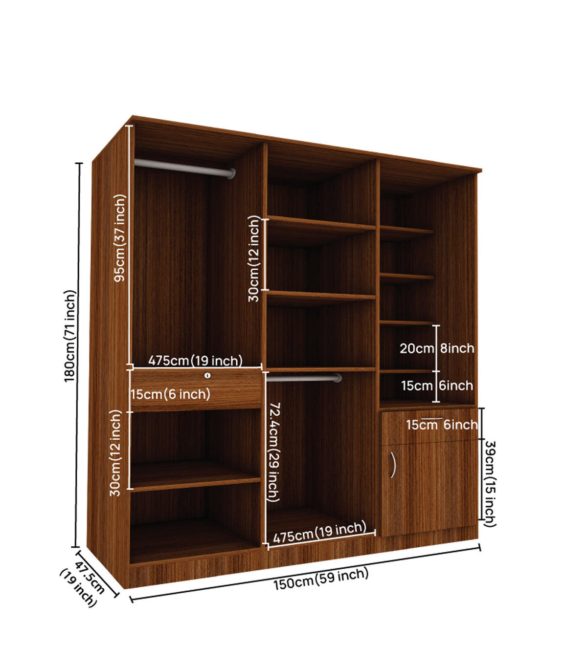 Barney Large Wardrobe cum Dresser | Walnut and Frosty White Without Mirror