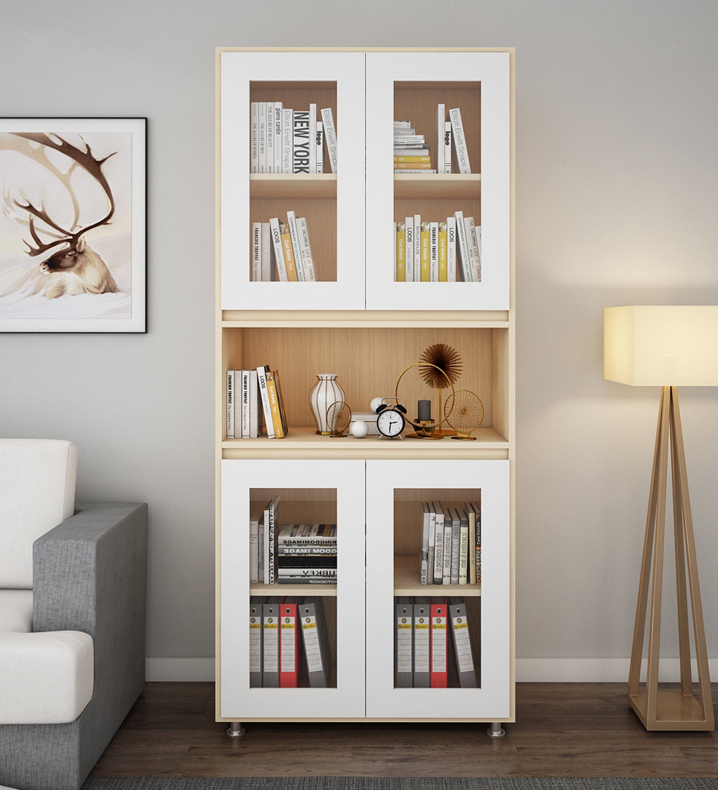 Mobley Display Bookcase | Beige Teak and Frosty White
