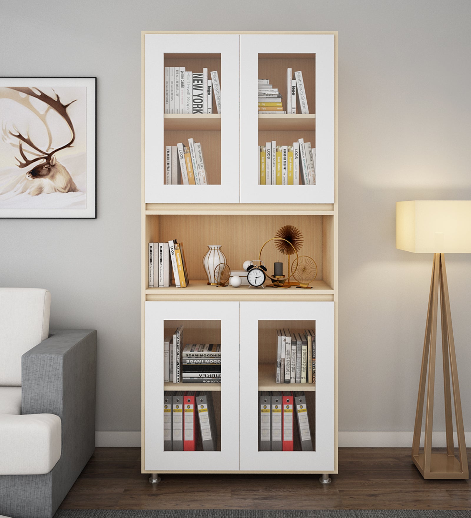 Mobley Display Bookcase | Beige Teak and Frosty White