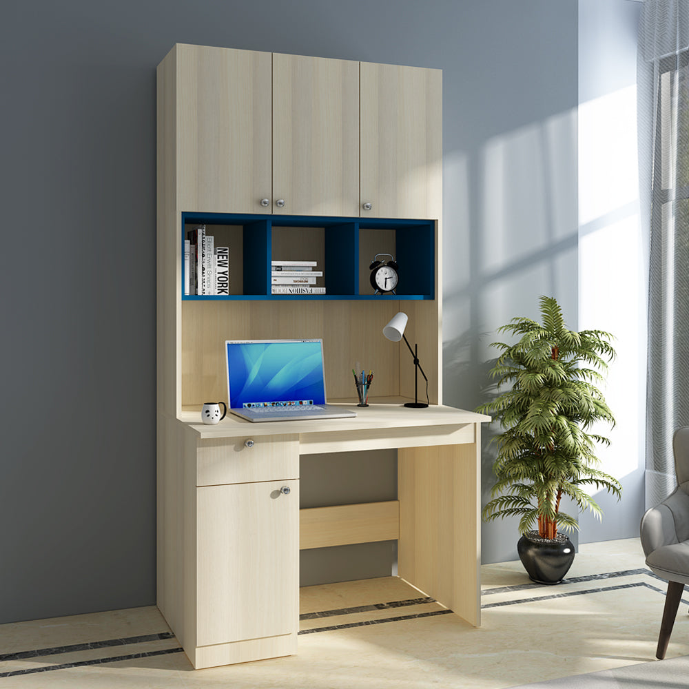 Fusion Study Table with O/H Storage | Beige Teak and Blue