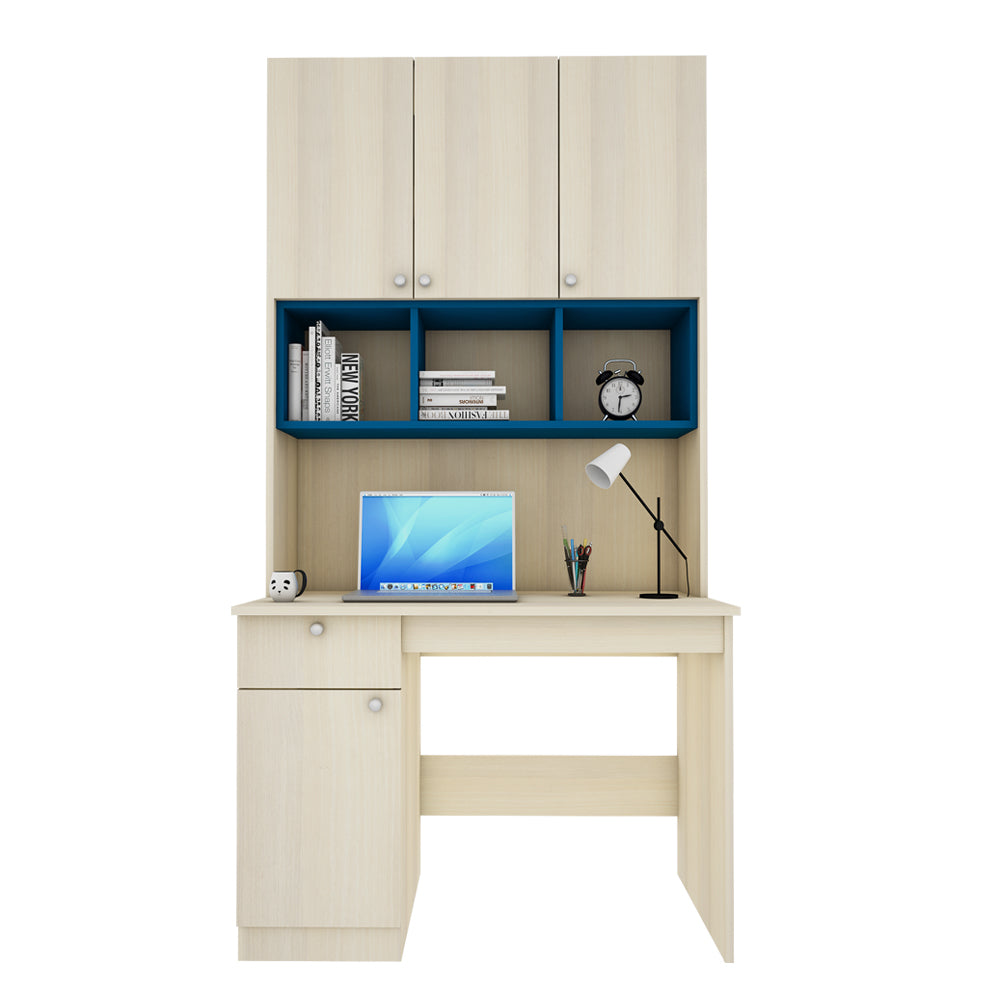Fusion Study Table with O/H Storage | Beige Teak and Blue