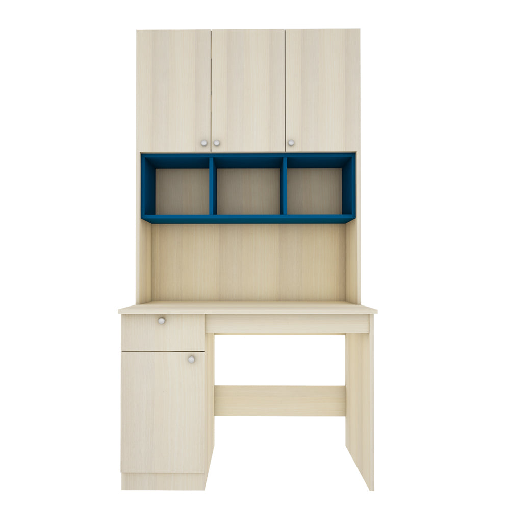 Fusion Study Table with O/H Storage | Beige Teak and Blue