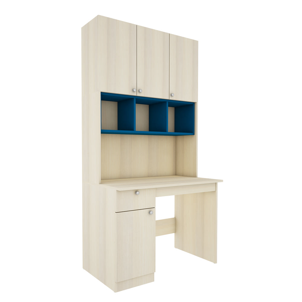 Fusion Study Table with O/H Storage | Beige Teak and Blue