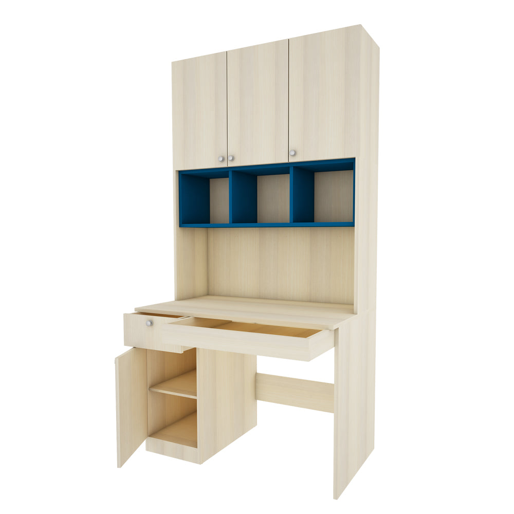 Fusion Study Table with O/H Storage | Beige Teak and Blue
