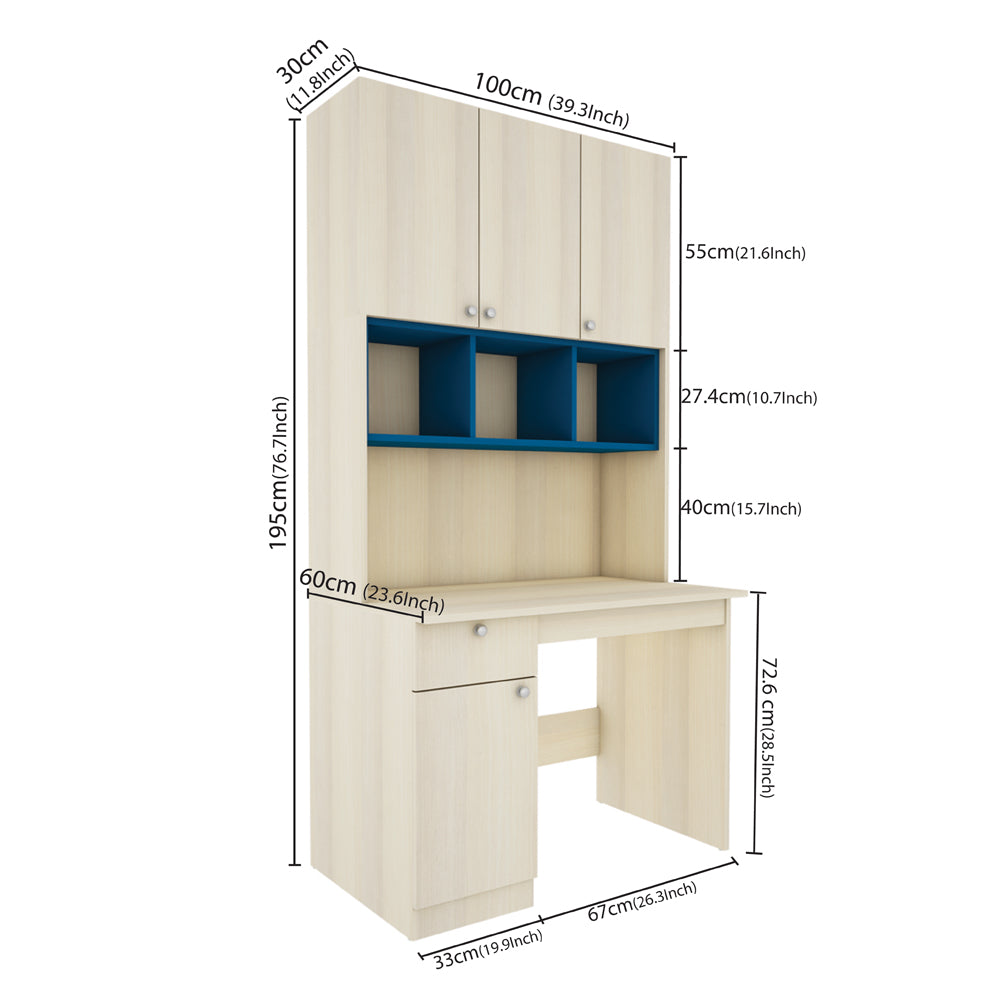 Fusion Study Table with O/H Storage | Beige Teak and Blue