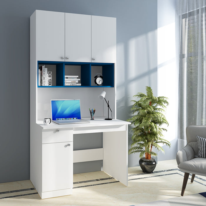 Fusion Study Table with O/H Storage | Frosty White and Blue