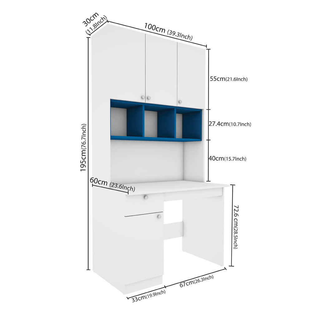 Fusion Study Table with O/H Storage | Frosty White and Blue