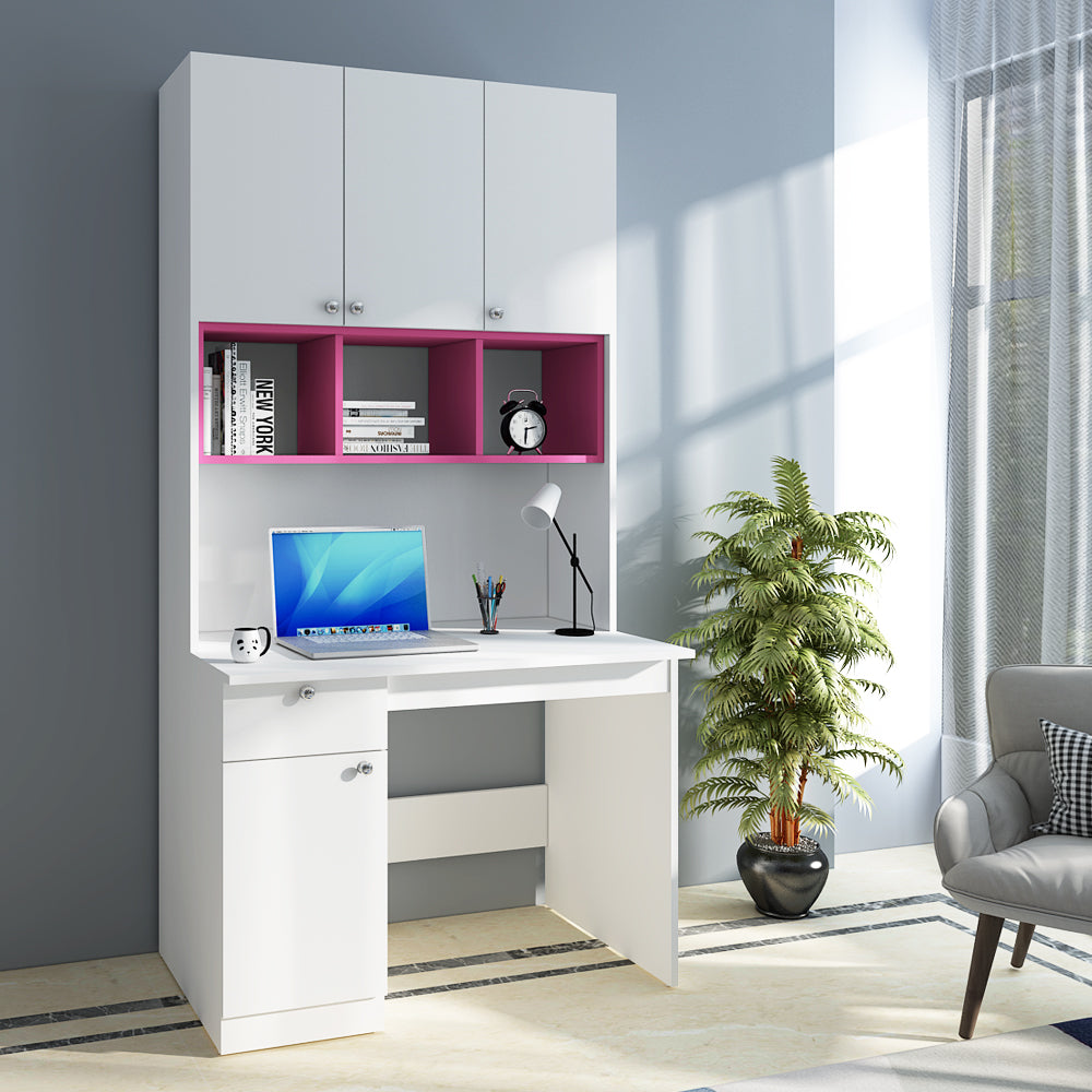Fusion Study Table with O/H Storage | Frosty White and Pink