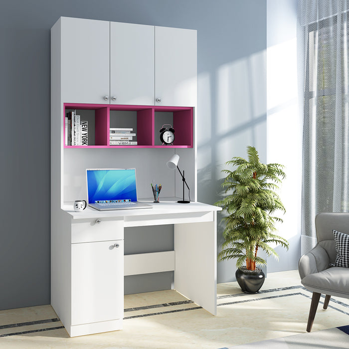 Fusion Study Table with O/H Storage | Frosty White and Pink