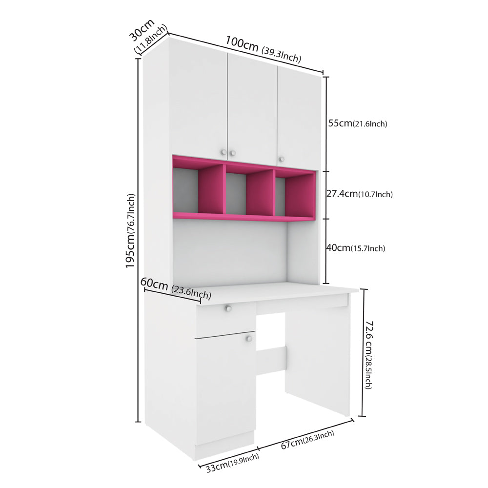 Fusion Study Table with O/H Storage | Frosty White and Pink