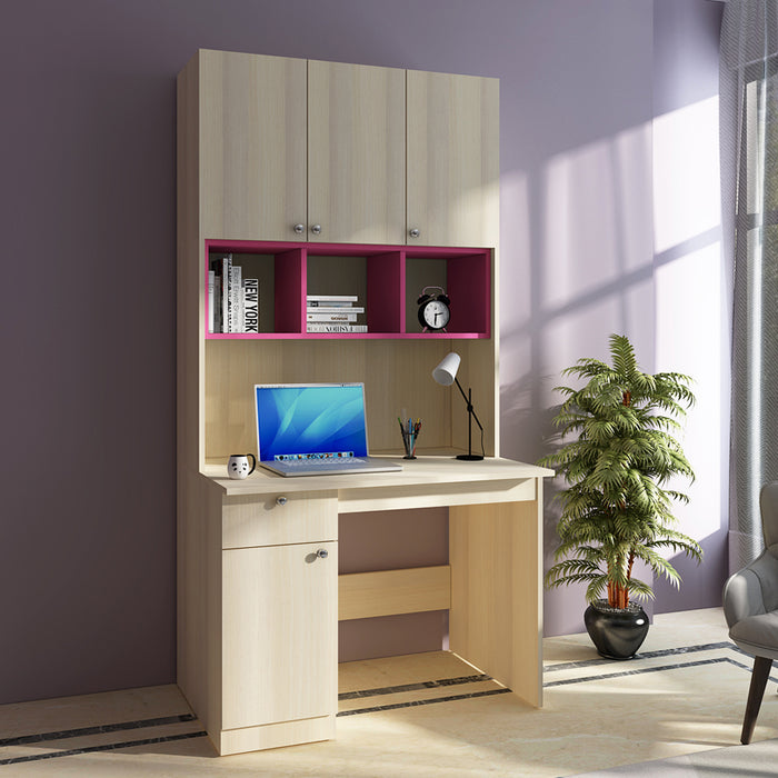 Fusion Study Table with O/H Storage | Beige Teak and Pink