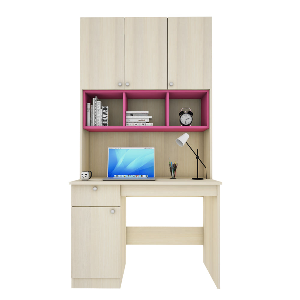 Fusion Study Table with O/H Storage | Beige Teak and Pink