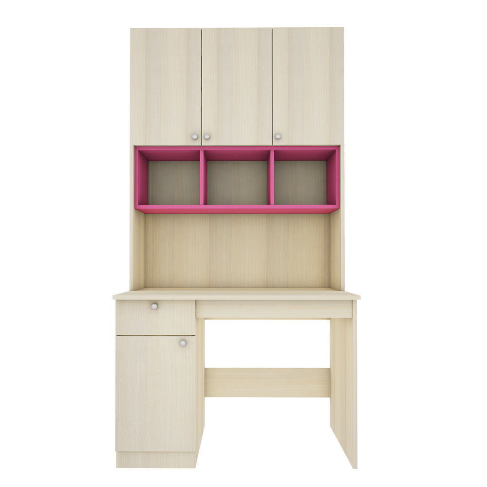 Fusion Study Table with O/H Storage | Beige Teak and Pink