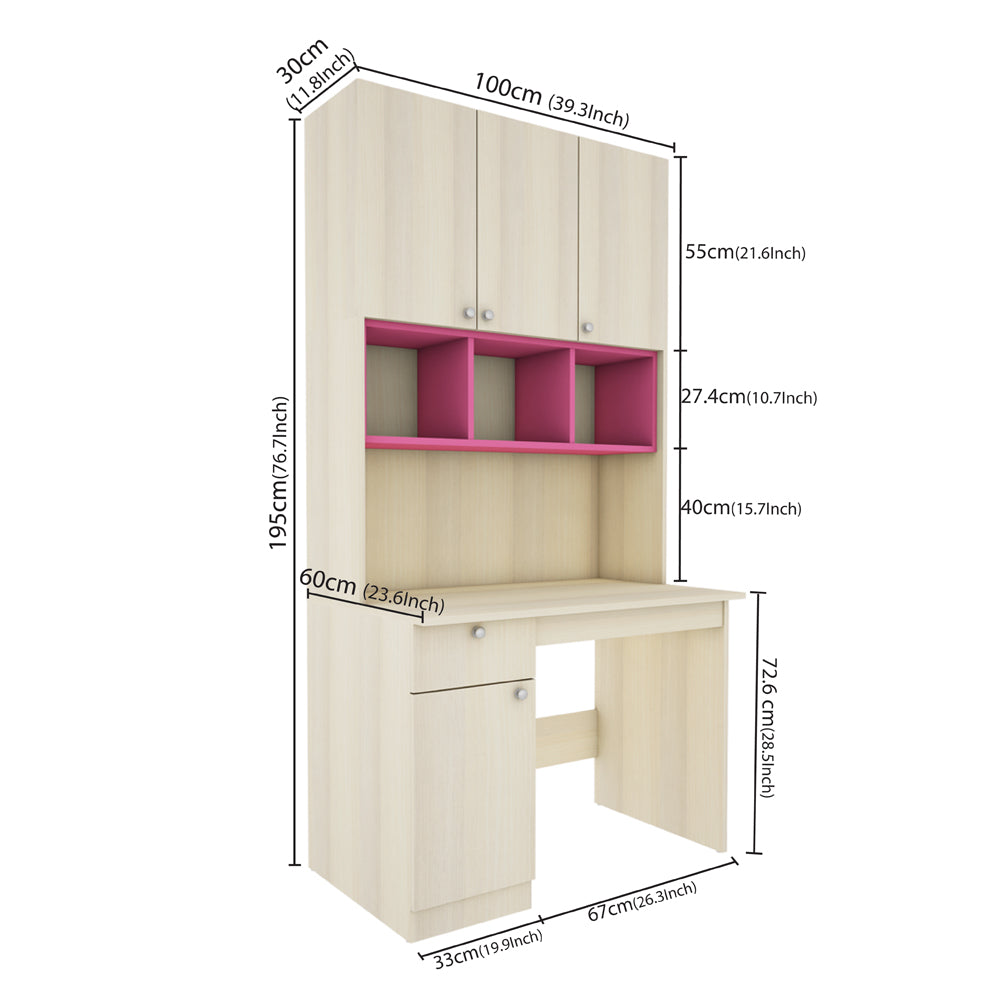 Fusion Study Table with O/H Storage | Beige Teak and Pink