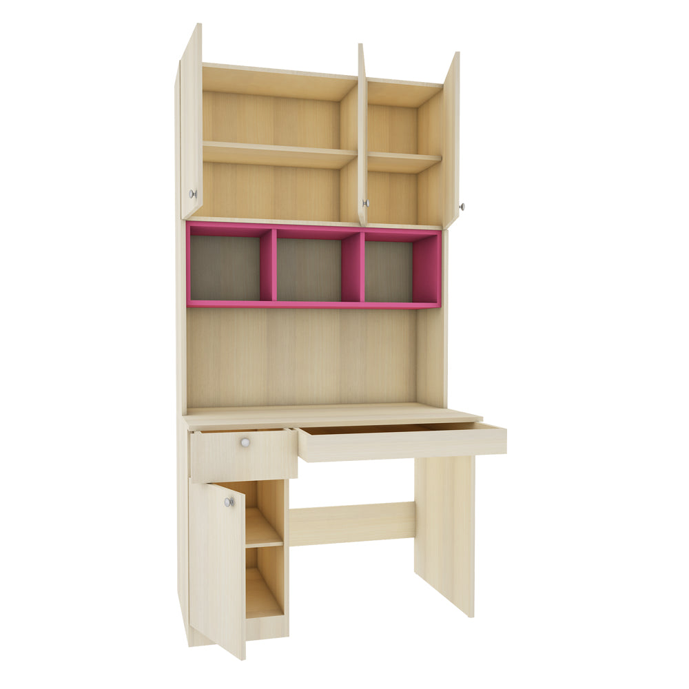 Fusion Study Table with O/H Storage | Beige Teak and Pink