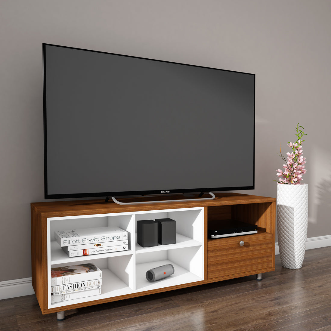 Pearl TV Unit | 50 Inch TV | Walnut and Frosty White
