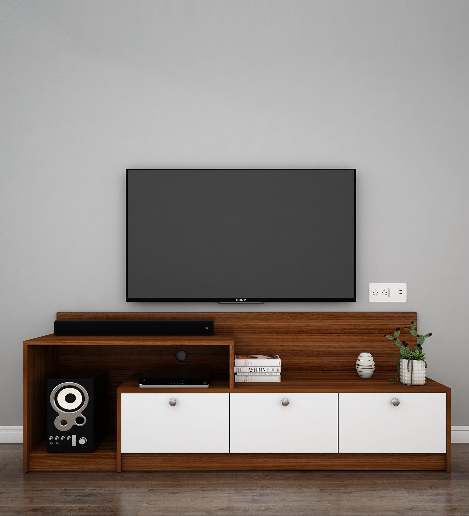 Vector TV Unit | 80 Inch TV | Frosty White and Walnut
