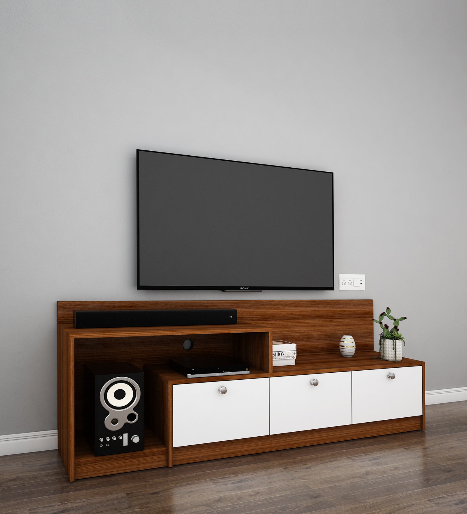 Vector TV Unit | 80 Inch TV | Frosty White and Walnut